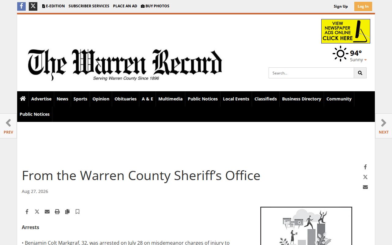 Warren Record dated sheriff activity article with arrest report text