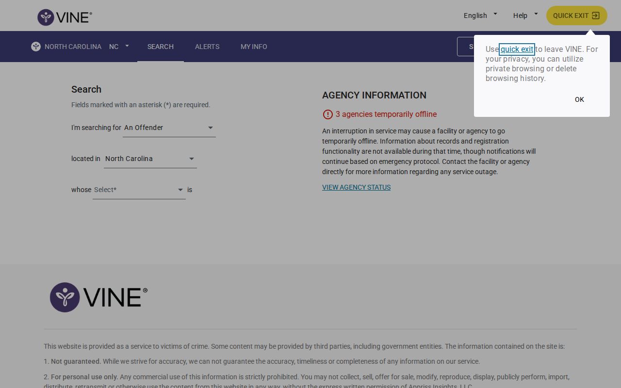 VINELink North Carolina person custody search screen