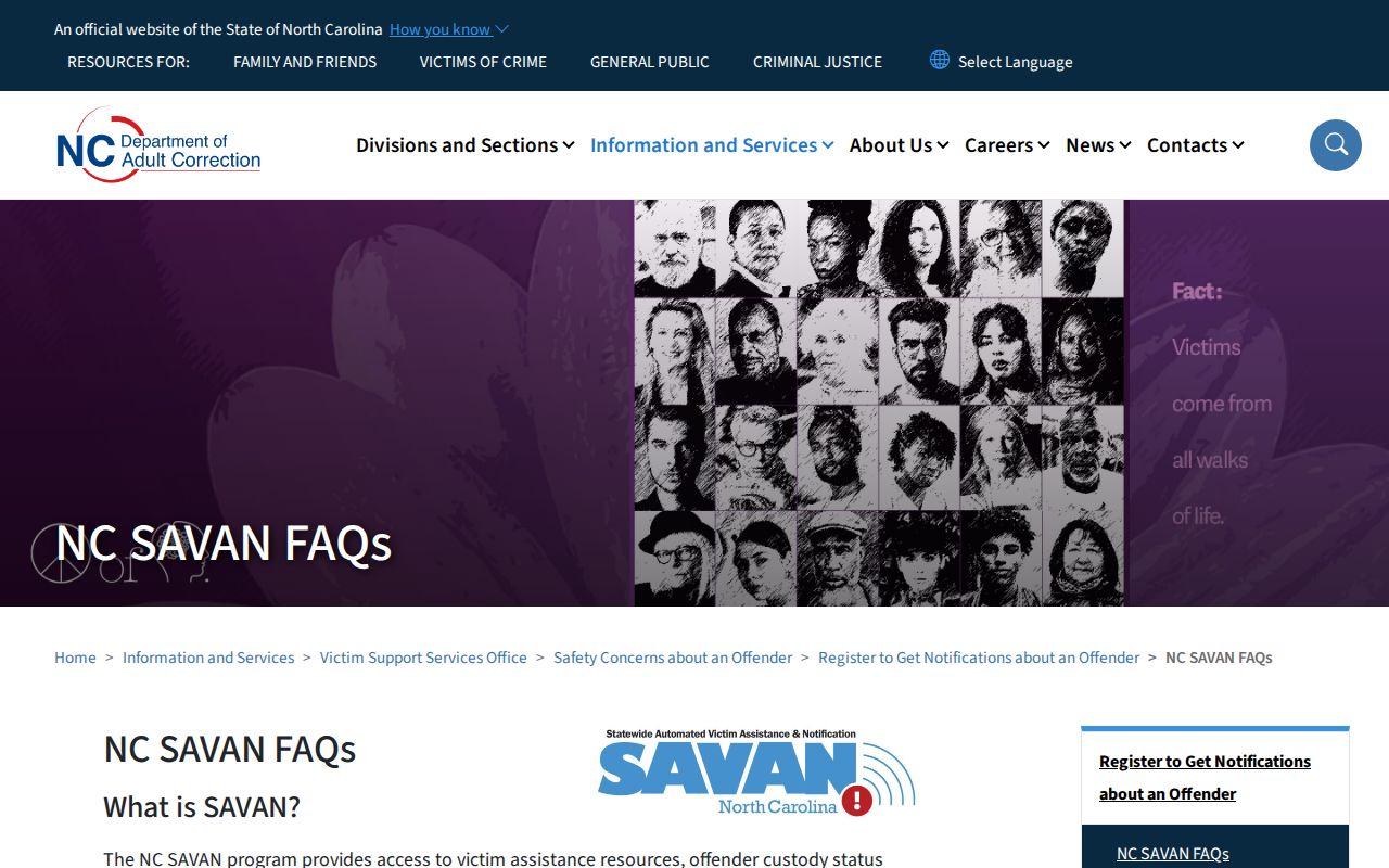 Official NC SAVAN FAQ explaining custody notification coverage and limits